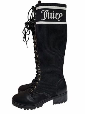 Juicy Couture Y2K Okala Black and White Knit Lace-Up Combat Knee High Boots
